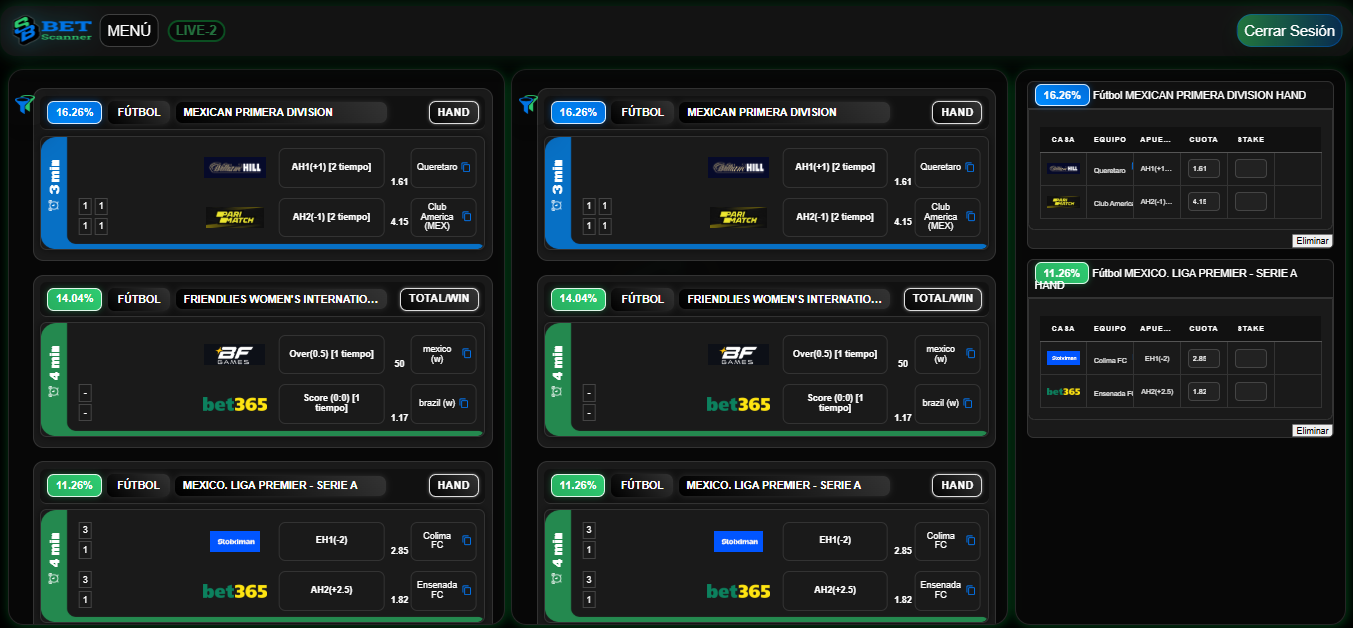 Vista desktop del live scanner como composición final de BetScanner