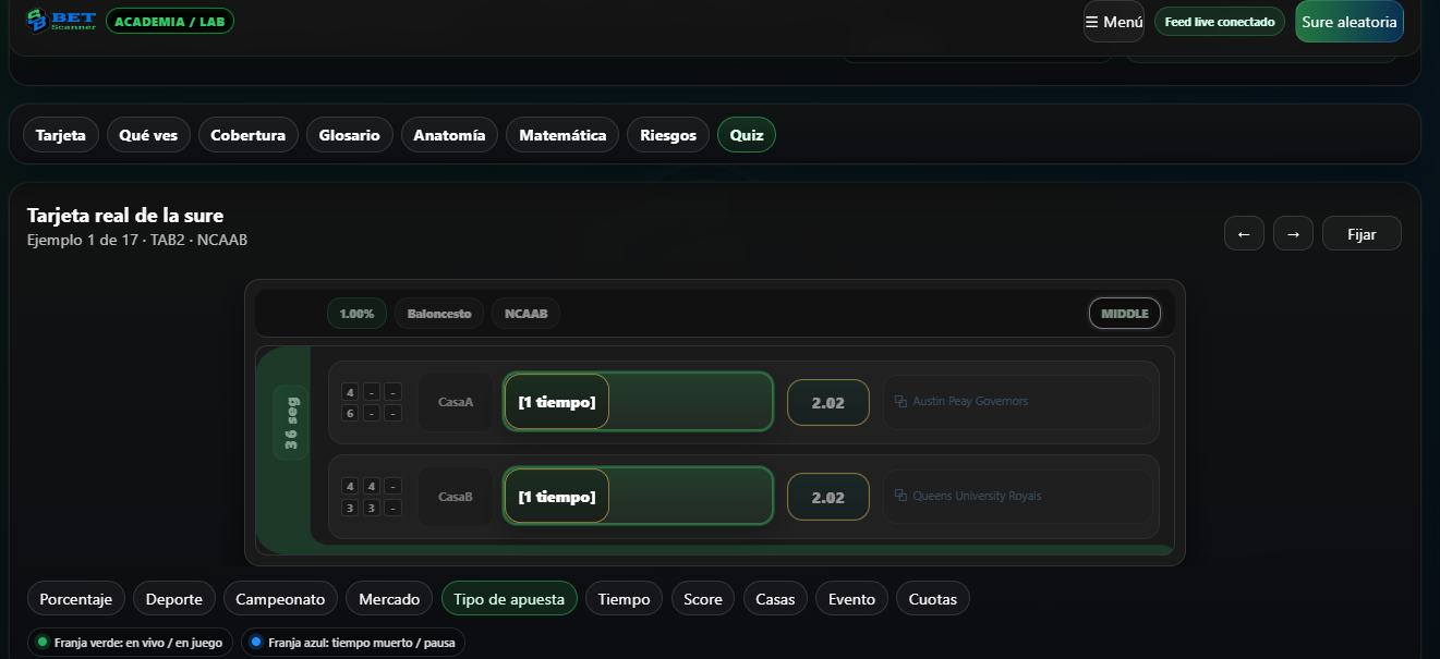 Vista del BetScanner Lab con una tarjeta real de sure y navegación por módulos