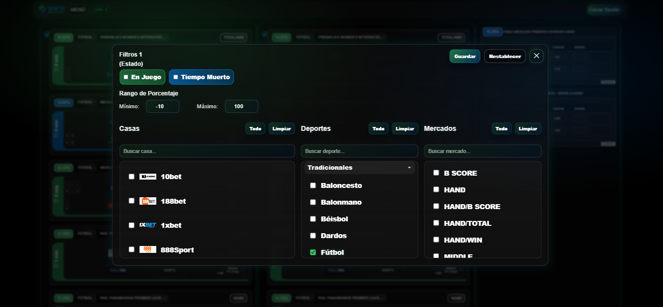 Modal de filtros del scanner con selección de casas, deportes y mercados