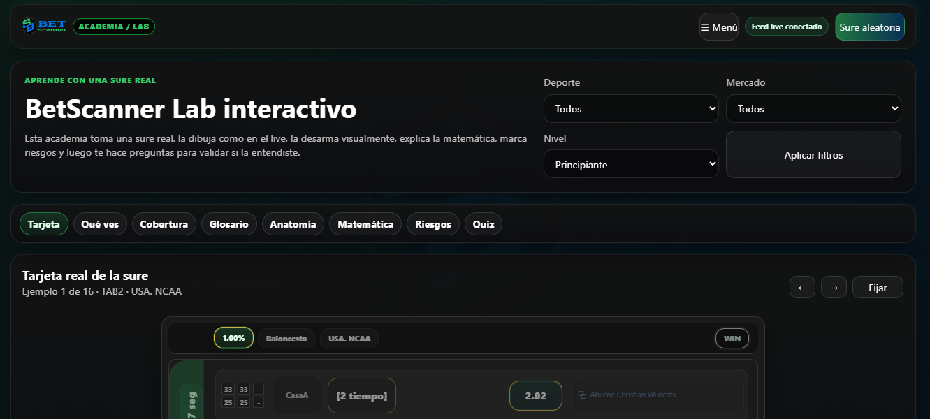 Vista principal del BetScanner Lab con aprendizaje interactivo sobre una sure real