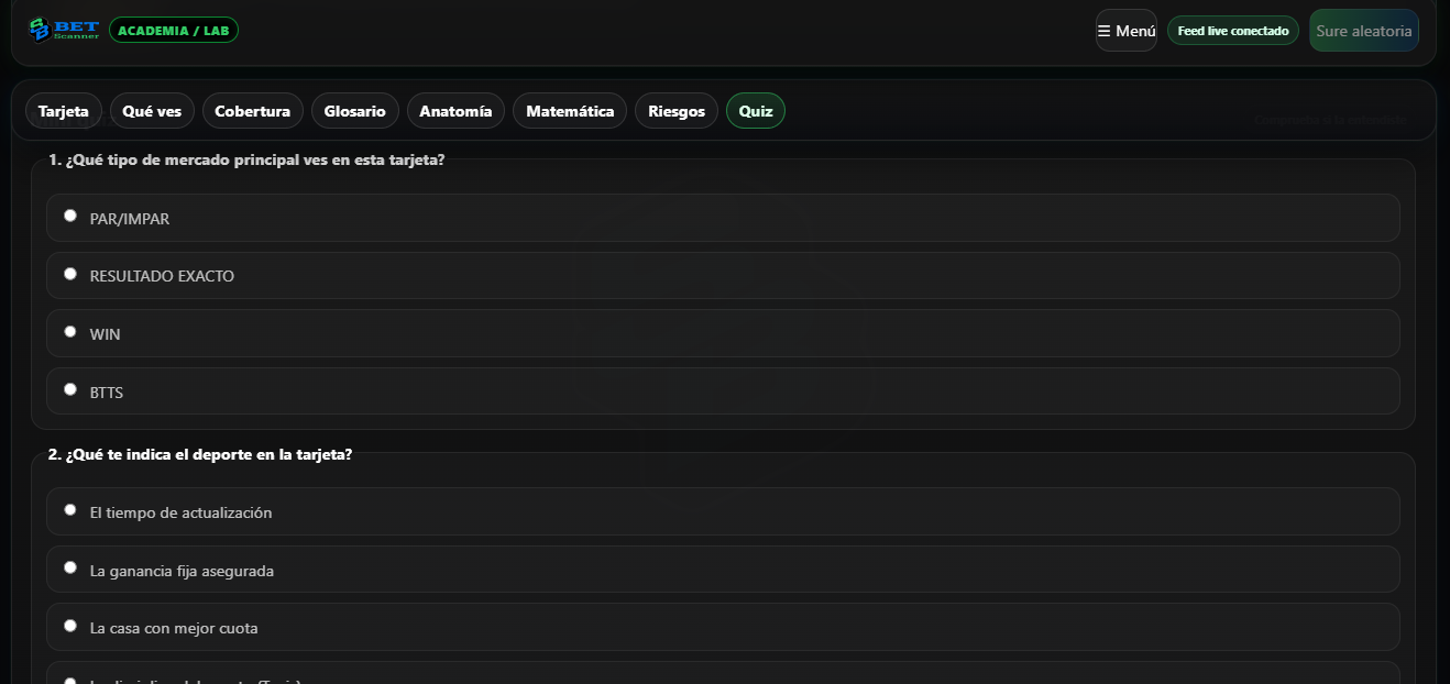 Vista del mini quiz del Lab para comprobar la comprensión de la surebet