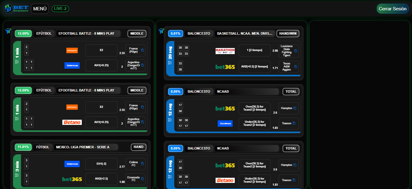 Showcase del live scanner de BetScanner con tarjetas de surebets activas
